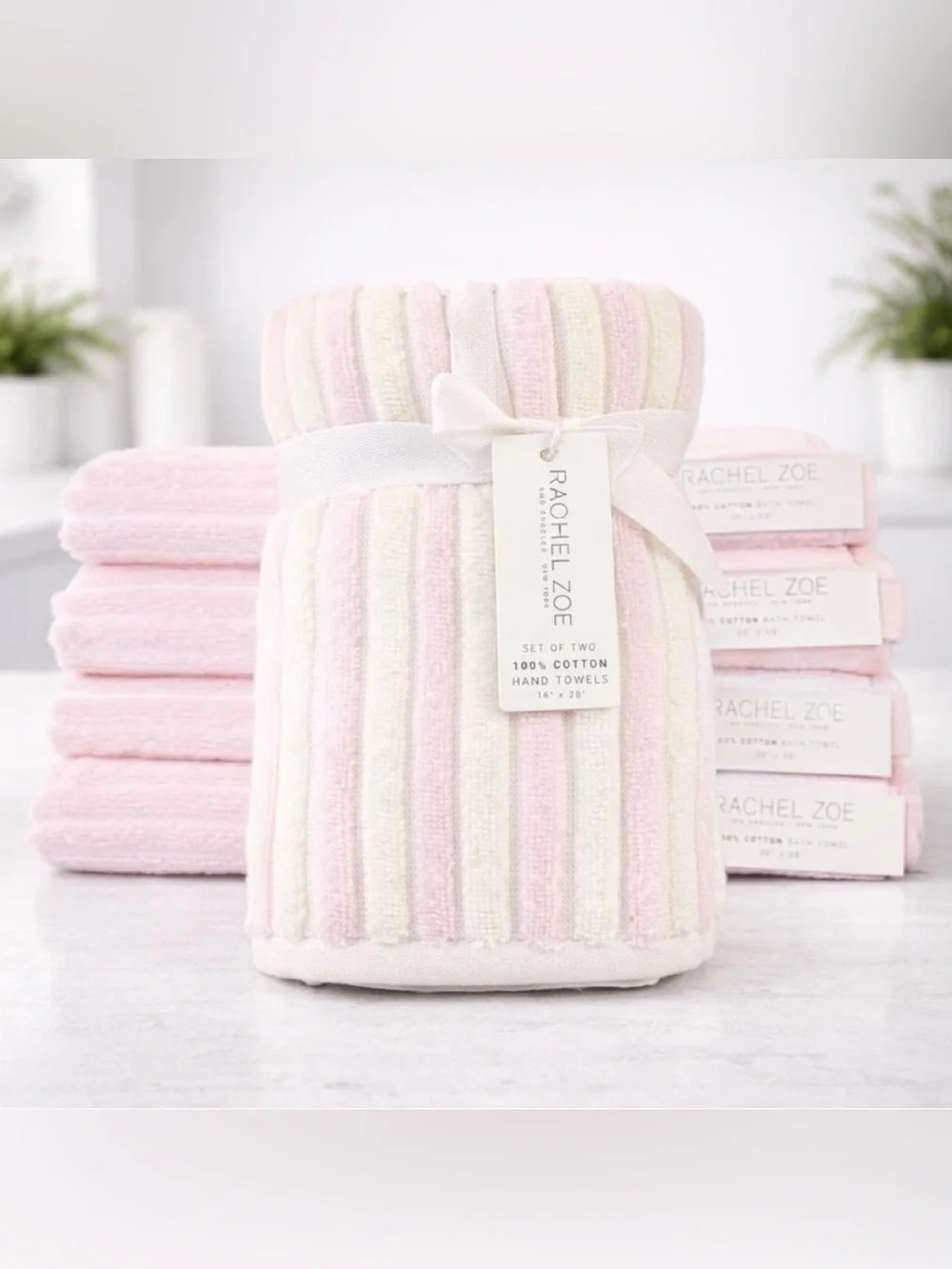 6 Pc Rachel Zoe Pink Stripe Towel Set 4 Bath 2 Hand 100% Cotton NWT